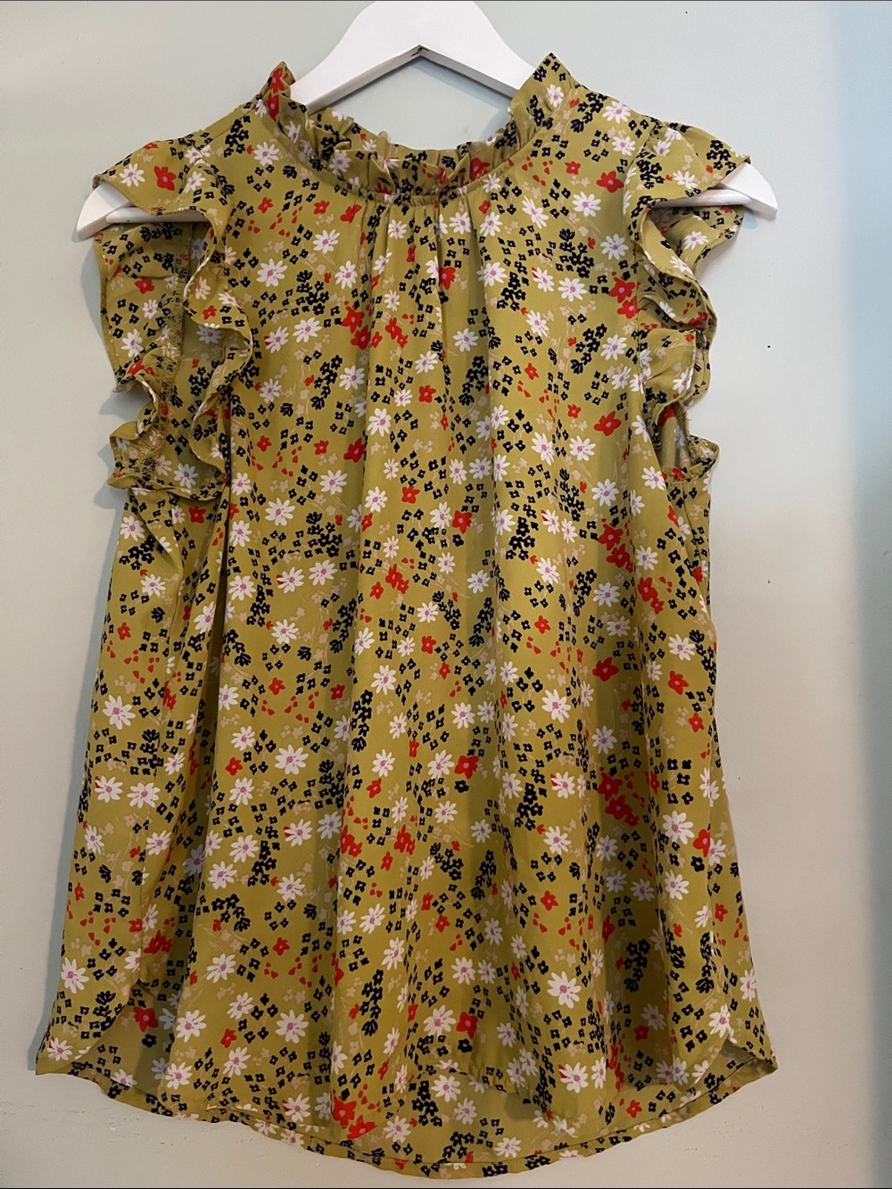 LOFT Olive Green Floral Ruffle-Sleeve Dress